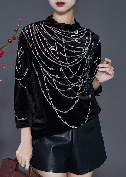 Diy Black Turtle Neck Zircon Silk Velour Shirts Spring
