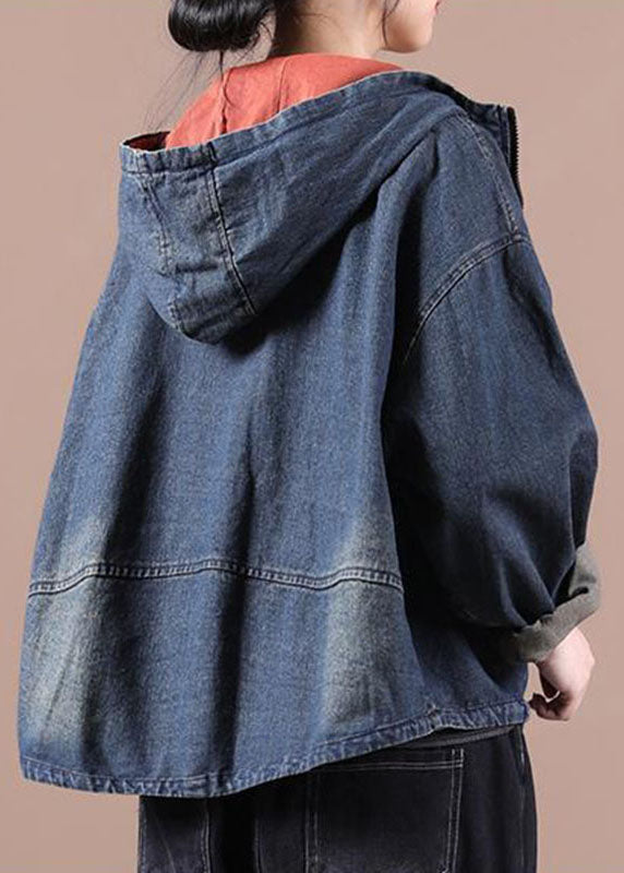 Blue Hooded Pockets Zippered Fall Denim Coat Long Sleeve