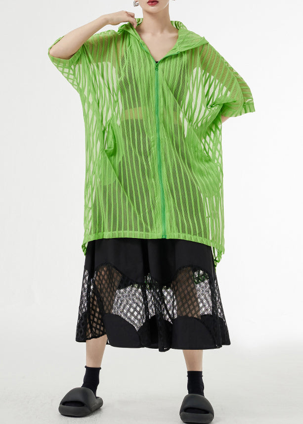 Green Hooded Hollow Out Patchwork Tulle Upf 50+ Coat Half Sleeve