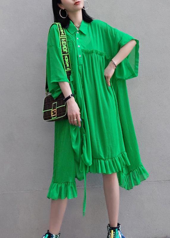 100% Green Dress Lapel Asymmetric Summer Dress