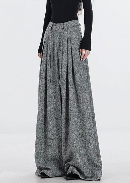 New Grey Zippered Button High Waist Woolen Wide Leg Pants