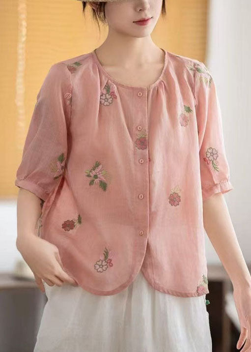 Red Linen Shirts O-neck Embroidered Summer