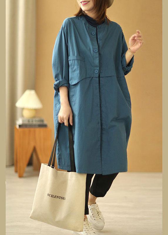 Blue Stand Collar Button Pockets Fall Cotton Coats Long Sleeve