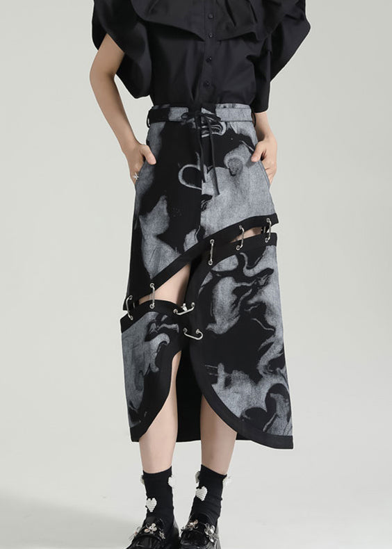 Grey Asymmetrical Print Pockets Patchwork Cotton Skirt Fall