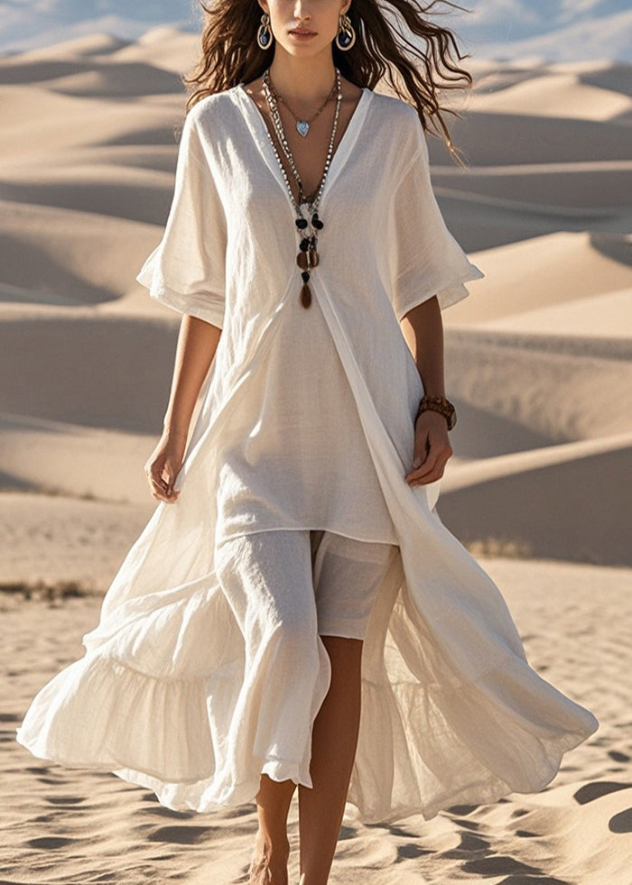 White Asymmetrical Exra Large Hem Cotton Dress Summer