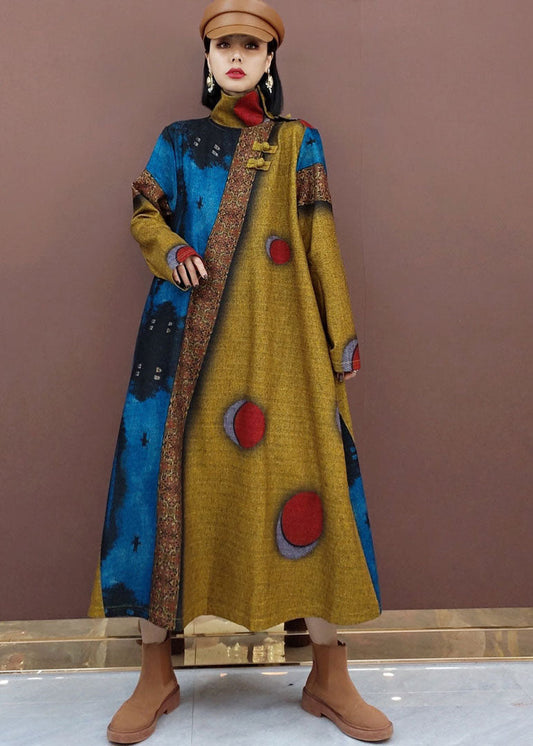 Khaki Dot Print Woolen Long Dresses Spring