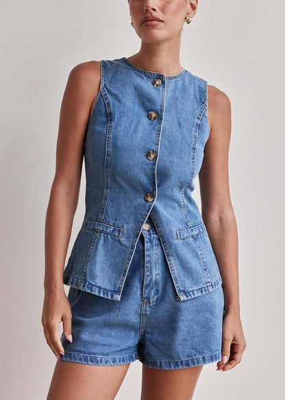 Modern Denim Blue Silm Fit Vests and Shorts Two Pieces Set Sleeveless