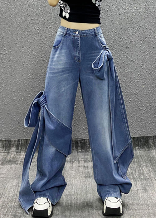 Blue Bow Pockets High Waist Denim Pants Summer