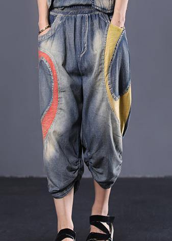 Blue Cotton New Patchwork Pants Loose Cinched Jeans