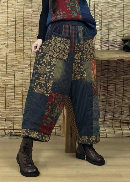 Unique Black Elastic Waist Pocket Patchwork Cotton Pants Spring