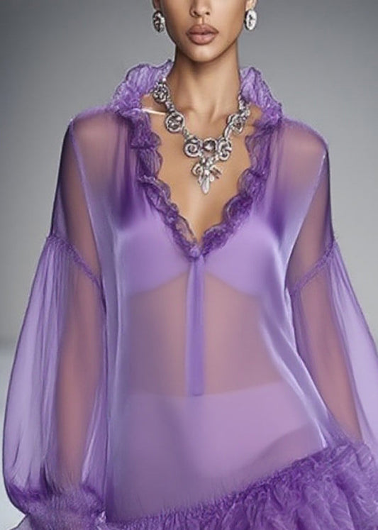 Purple Ruffled Tulle Mid Dress Spring