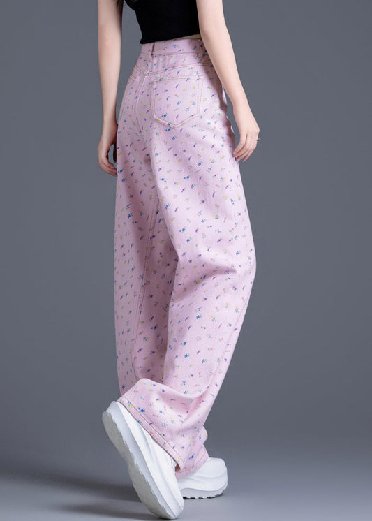 Pink Pockets Print Denim Straight Pants Spring