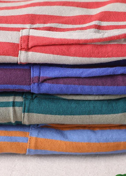 Stylish Red Striped O-neck Cotton Summer Tops