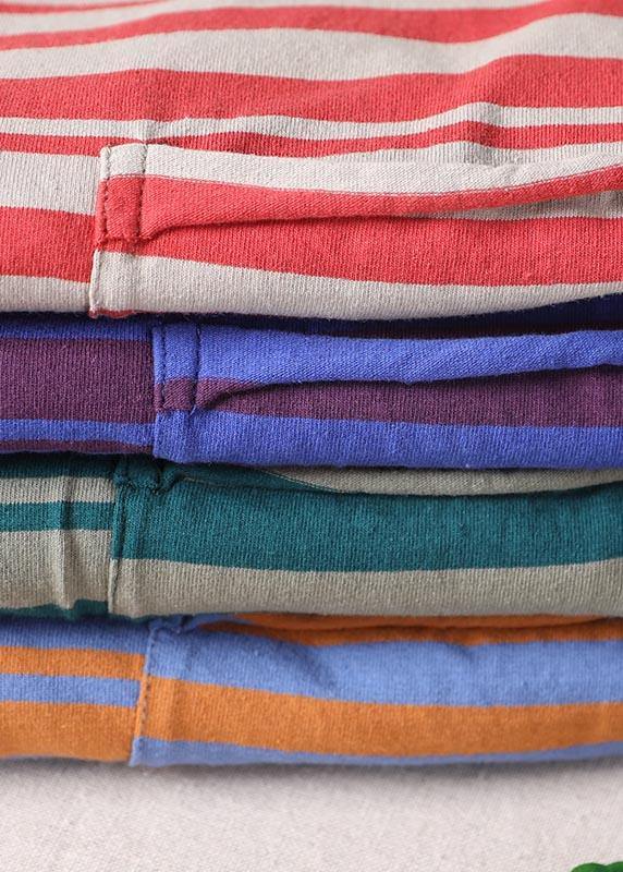 Stylish Red Striped O-neck Cotton Summer Tops