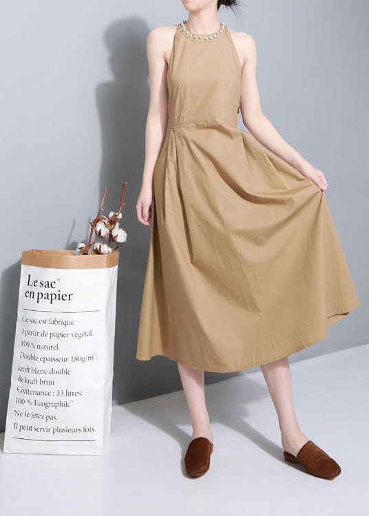 Comfy Khaki Nail Bead Patchwork Fall Maxi Dresses Sleeveless