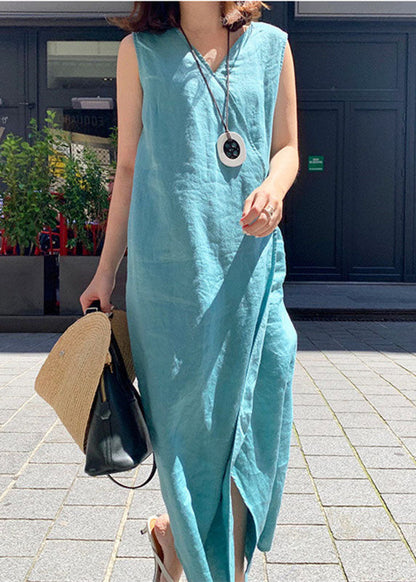 Blue Side Open Linen Long Dress Sleeveless