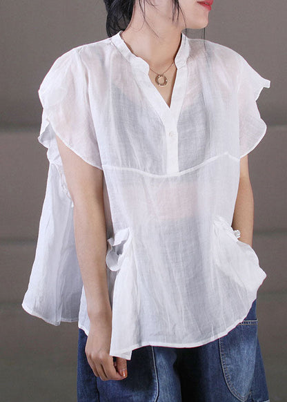 White Patchwork Cotton Linen Tanks V Neck Pockets Color Short Sleeve