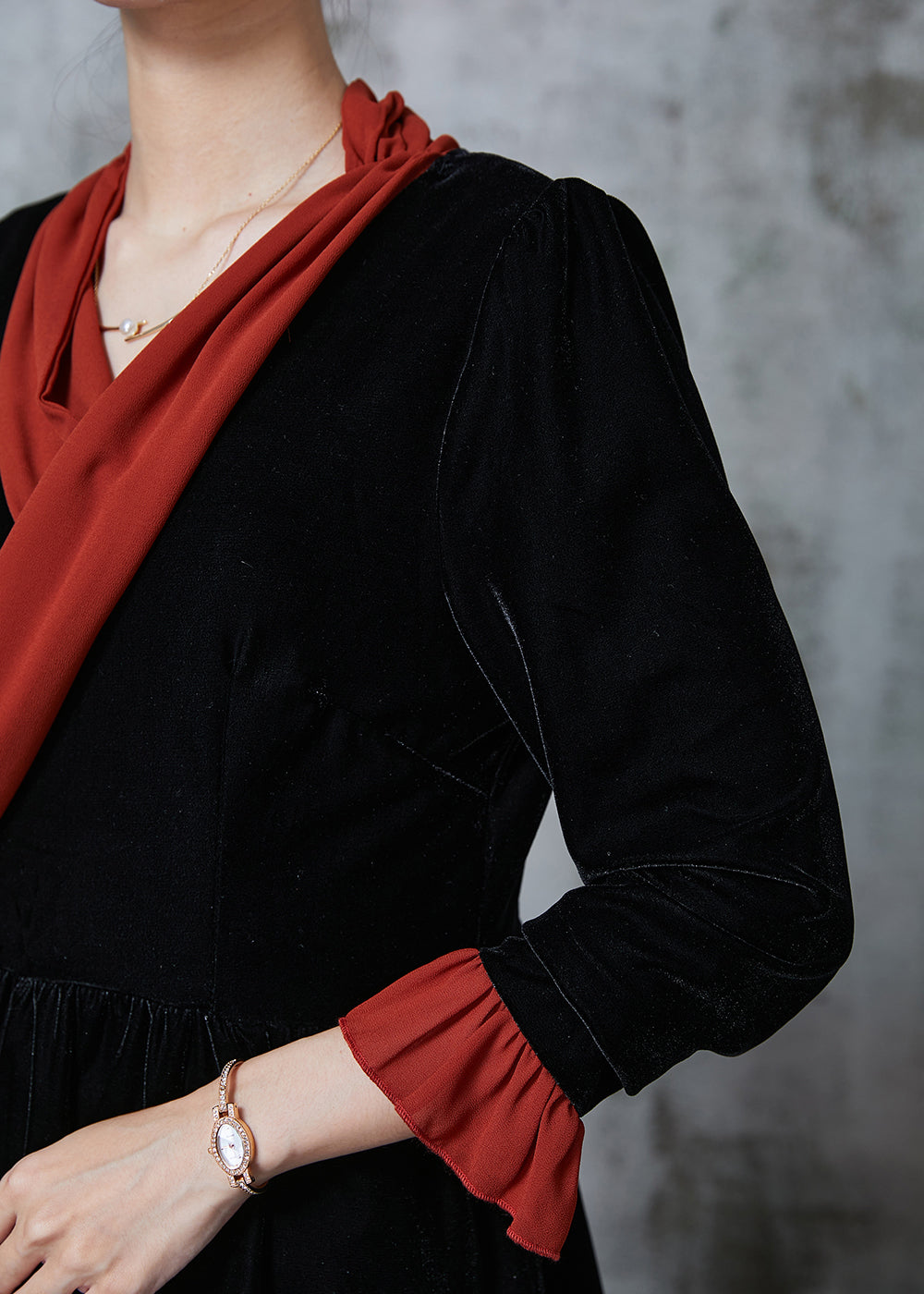 Black Silm Fit Patchwork Silk Velour Blouses Fall