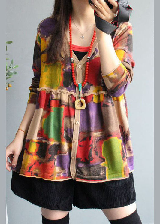 Apricot V Neck Print Button Fall Knit Sweater Coat