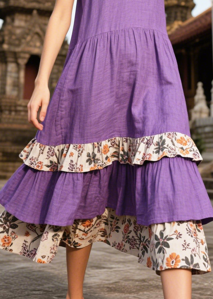 Purple Oversized Patchwork Linen Sundresses Summer