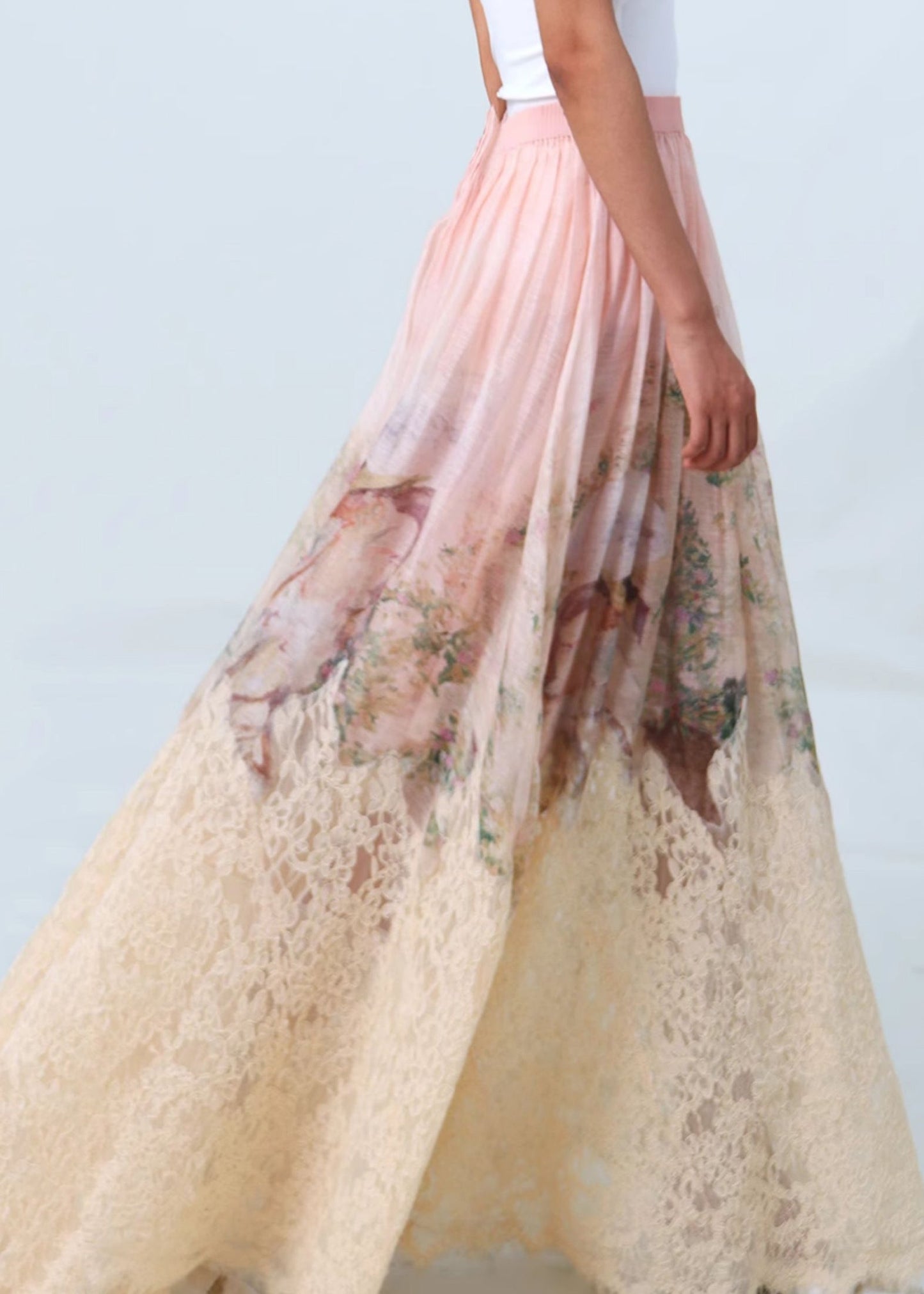 Pink Print Wrinkled Patchwork Lace Skirts Spring