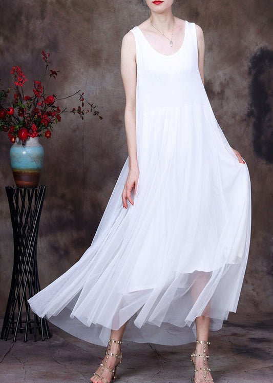 Slim Fit White O-neck Tulle Patchwork Cotton Spaghetti Strap Dress Sleeveless