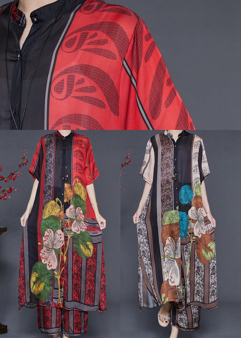 Boutique Red Oversized Print Silk Two-piece Set Summer