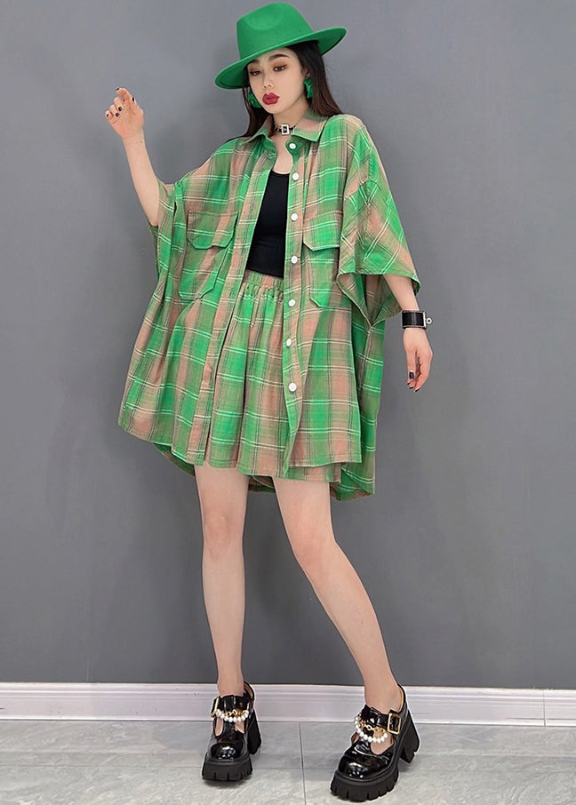 Green Plaid Pockets Cotton Linen Loose Shirt and Shorts Two Pieces Set Summer