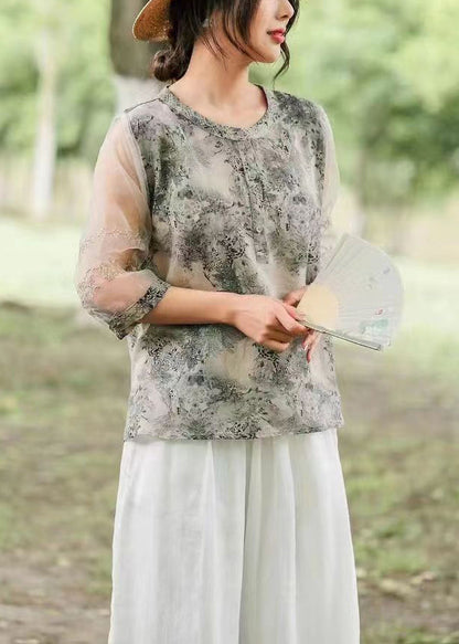 Black Print Tulle Patchwork Shirts Half Sleeve