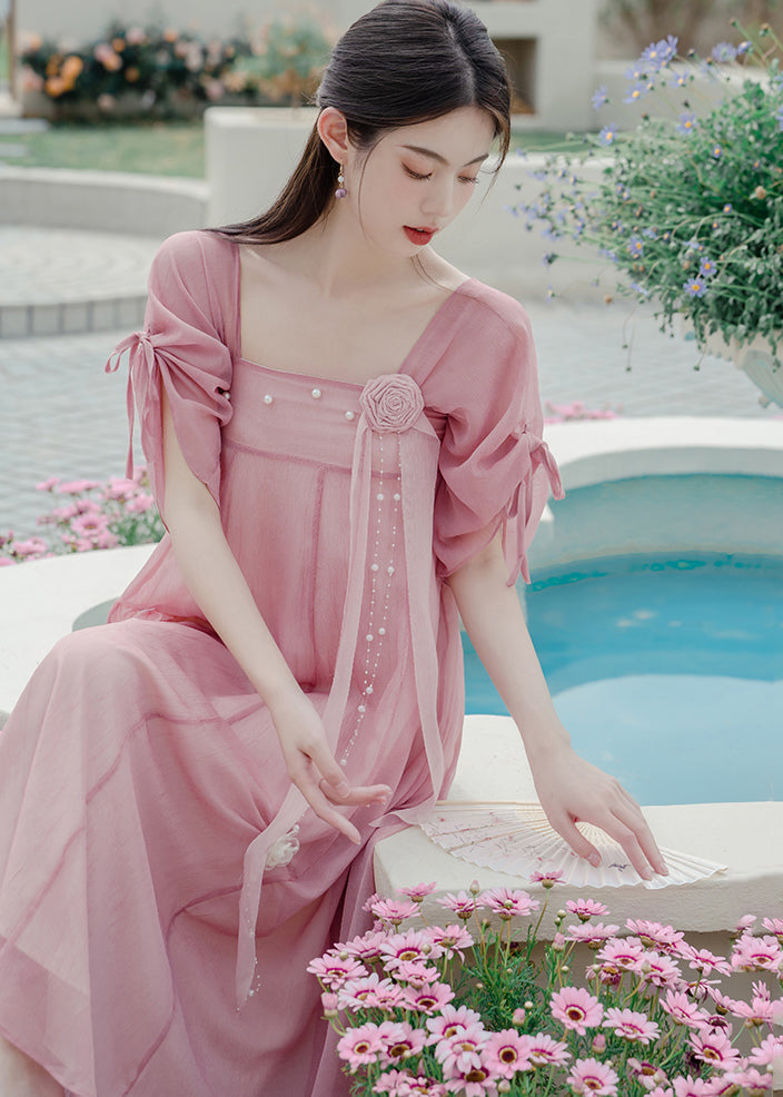Classy Pink Drawstring Patchwork Chiffon Dress Summer