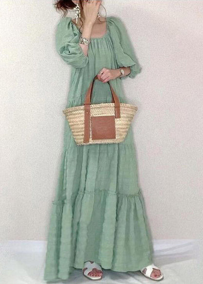 Light Green O-neck Patchwork Wrinkled Maxi Dresses Puff Sleeve