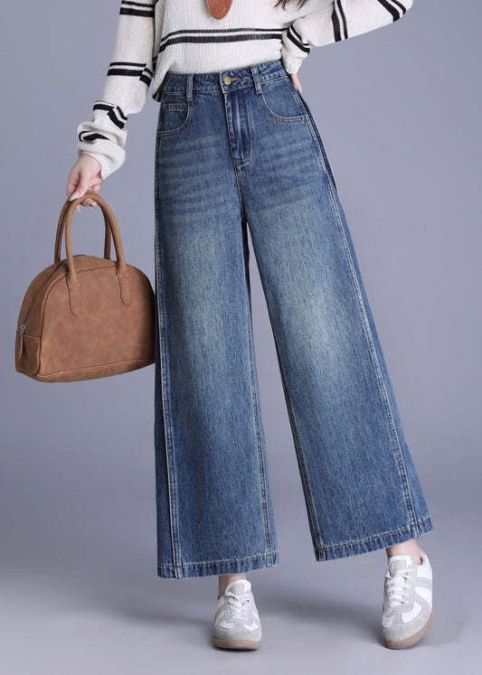 New Blue Pockets Patchwork Denim Crop Pants Spring