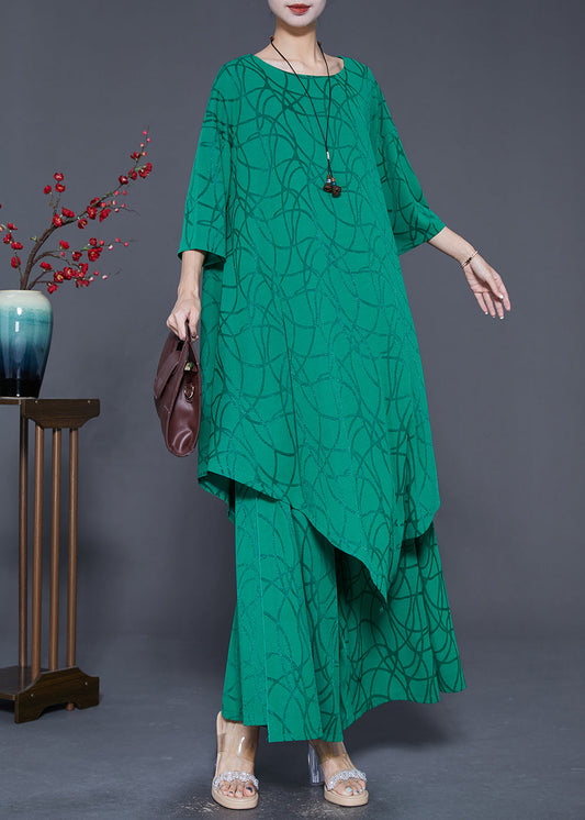 Green Asymmetrical Design Silk Two Pieces Set Summer
