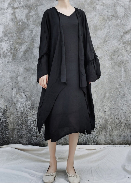 Black Linen Loose Cardigan and Spaghetti Strap Dress Two Pieces Set Flare Sleeve