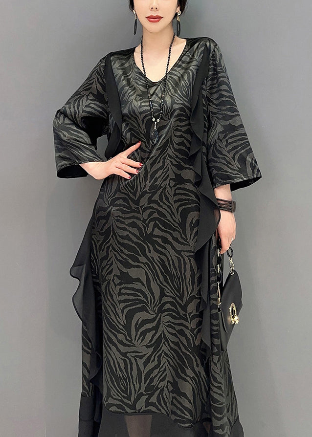 Black Patchwork Silk a Line Dress Ruffles Zebra Pattern Summer