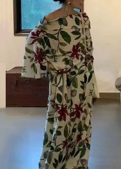 Green Slash Neck Print Cotton Two Pieces Set Flare Sleeve