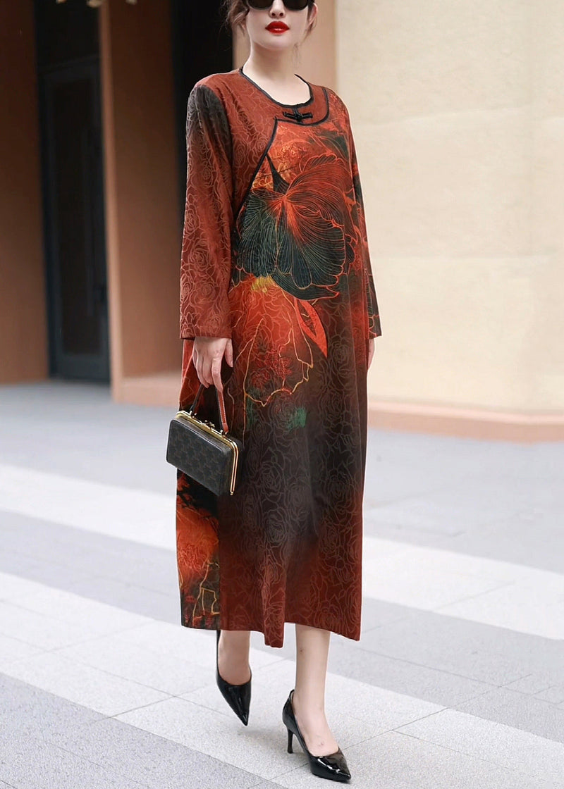 Red O Neck Print Cotton Long Dress Fall