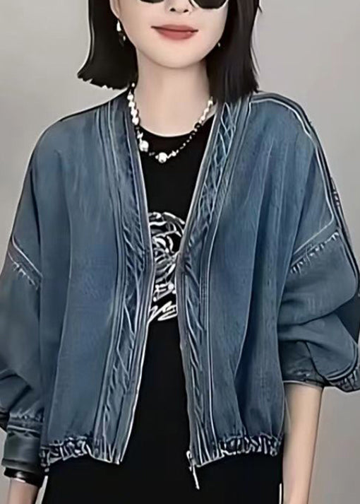 Blue V Neck Zip Up Patchwork Denim Jacket Fall
