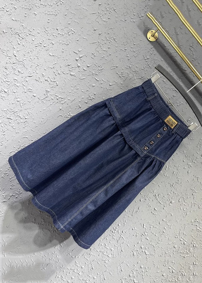 Loose Denim Blue Patchwork Button Elastic Waist a Line Skirt Summer