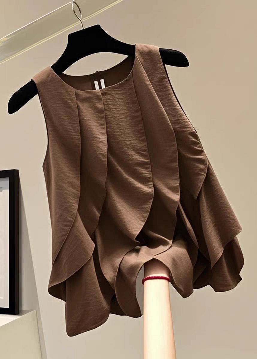 Brown O-neck Ruffled Patchwork T Shirts Summer