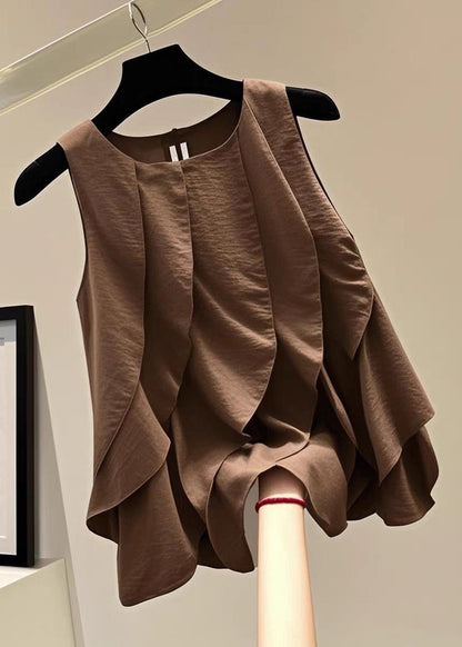 Brown O-neck Ruffled Patchwork T Shirts Summer