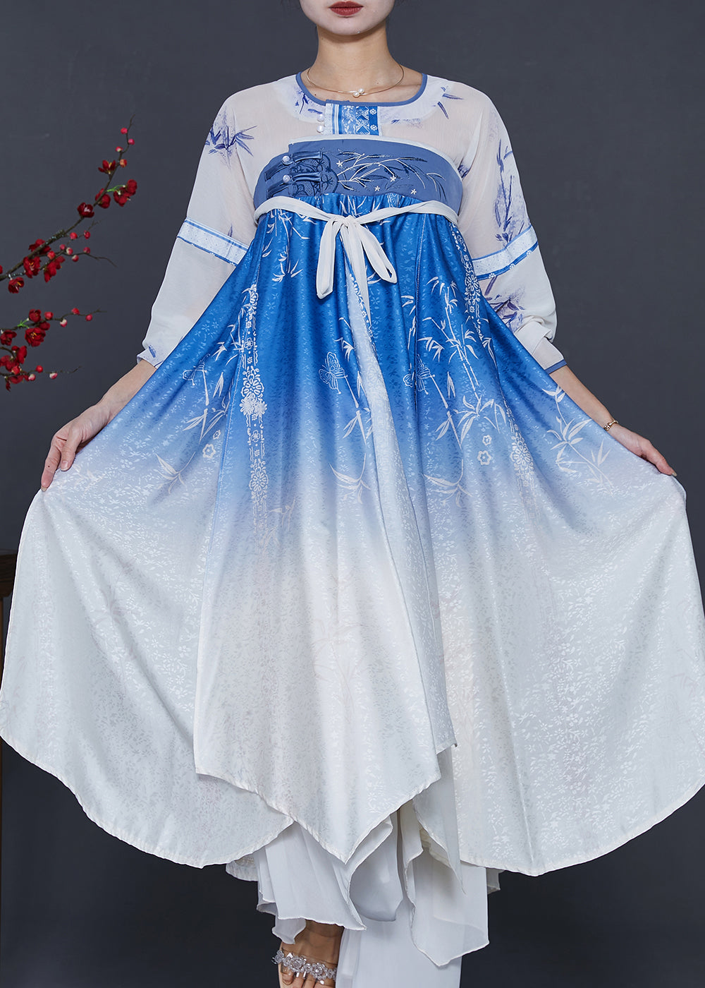 Style Blue Print Gradient Color Silk Dresses Summer