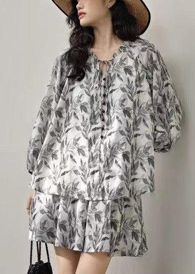 Grey Print Cotton Sets 2 Pieces Lace Up Summer