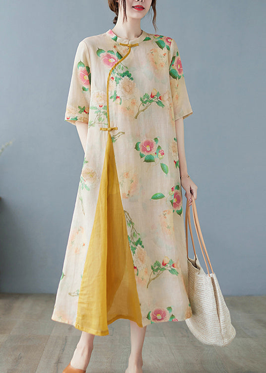 Yellow Print Patchwork Button Linen Long Dress Half Sleeve