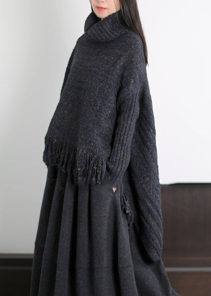 Art Black Asymmetrical Tasseled Knit Sweaters Winter