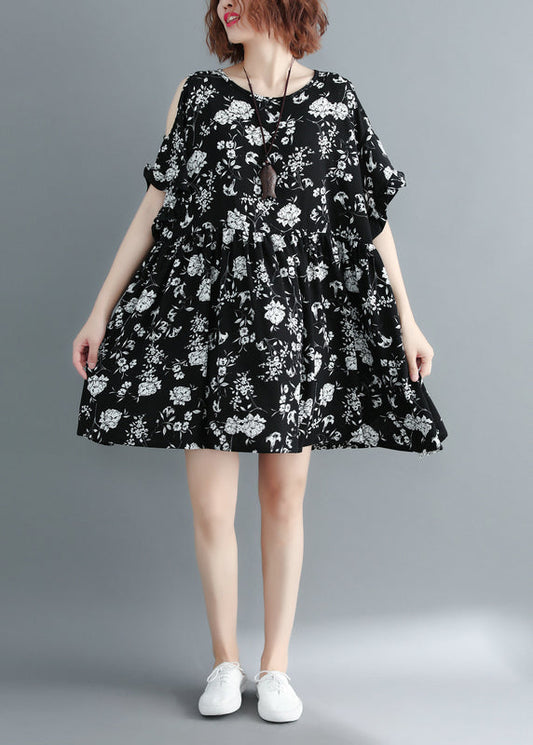 Black Print Cold Shoulder Cinched Holiday Dress Short Sleeve