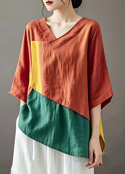 Art Orange Asymmetrical Patchwork Linen Blouse Tops Summer