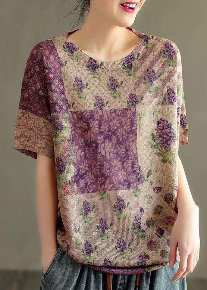 Purple O Neck Print Patchwork Thin Cotton Knit Tops Summer