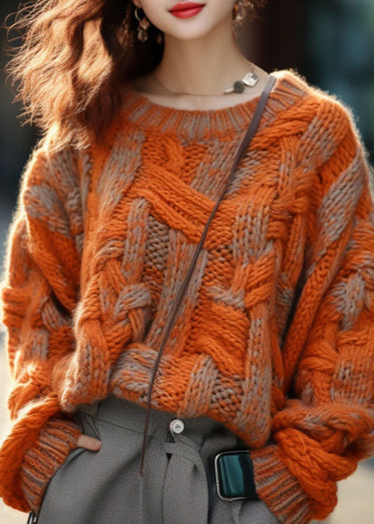 Orange Warm Cotton Knitted Cable Sweater Winter