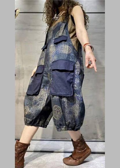 Blue Print Oversized Pockets Patchwork Cotton Denim Jumpsuit Summer